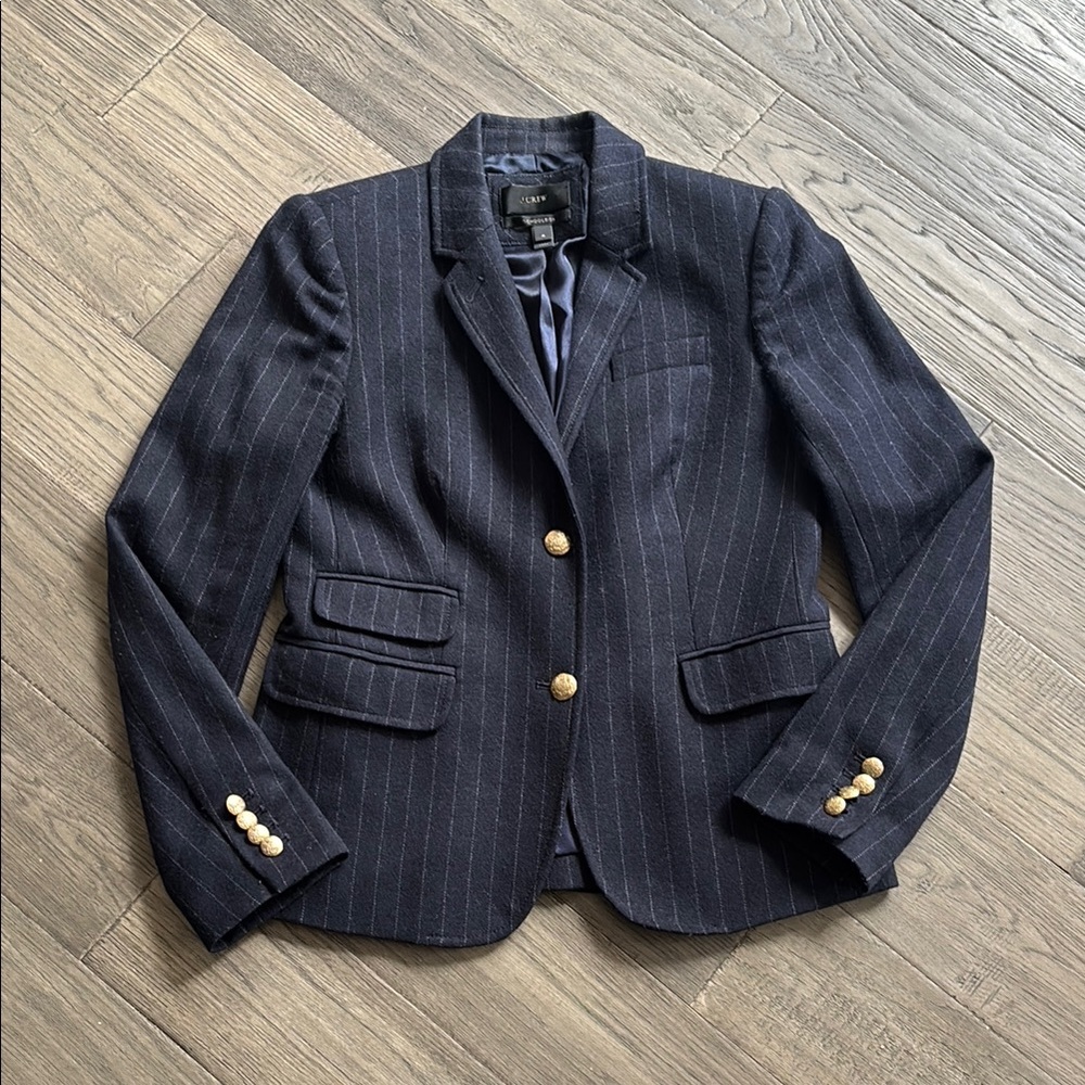 J. Crew Navy Pinstripe Wool Blazer with Gold Buttons